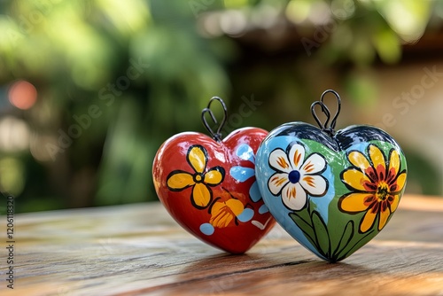 Hand Painted Decorative Hearts Floral Design Red Blue Yellow Green Mexican Folk Art Style Home Decor Romantic Valentine Gift Lovely Cute Charming Ornament Beautiful       photo