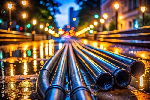 Low Light Rainwater Drainage System: Black Plastic Pipes Guiding Water Flow to Main Collection photo