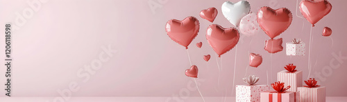 Valentinea??s Day celebration with flying heart-shaped balloons and gift boxes on a pink background AI Generated photo