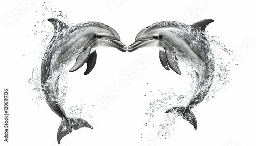 Two dolphins creating a heart shape with splashes of water in an underwater scene  -