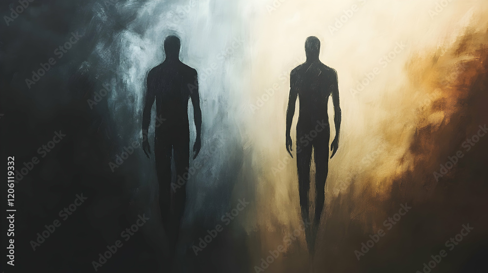 Two human figures standing on opposite sides, symbolizing contrasts between light and dark, good and evil - Two human figures standing on opposite sides, symbolizing contrasts between light and dark, good and evil -