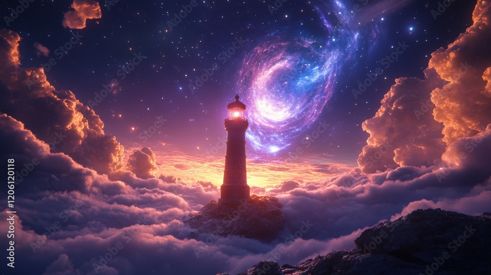 Illuminated Lighthouse Amidst Cosmic Nebula and Dreamy Clouds Illuminated Lighthouse Amidst Cosmic Nebula and Dreamy Clouds