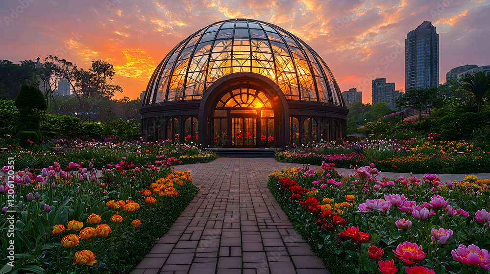 Fototapeta premium Sunset illuminating a glass dome greenhouse surrounded by vibrant flower gardens.