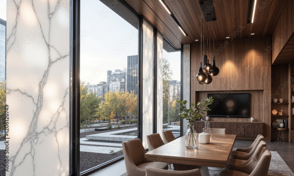 Energy-efficient smart glass windows with Mocha Musse accents, offering real-time adjustment of opacity based on sunlight and temperature. The windows Energy-efficient smart glass windows with Mocha Musse accents, offering real-time adjustment of opacity based on sunlight and temperature. The windows