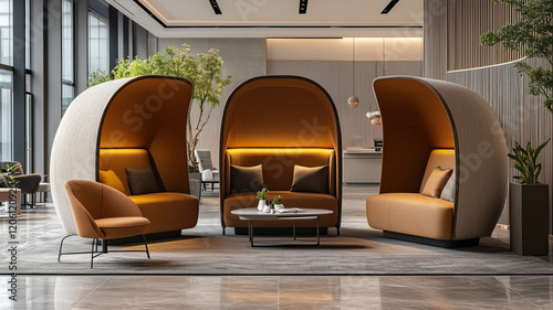 Flexible hybrid office space with modern seating arrangements for collaboration