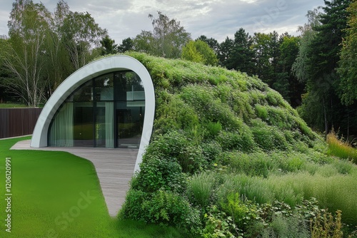 A modern eco-friendly house with a green roof fully covered in lush vegetation, seamlessly blending with the surrounding natural landscape