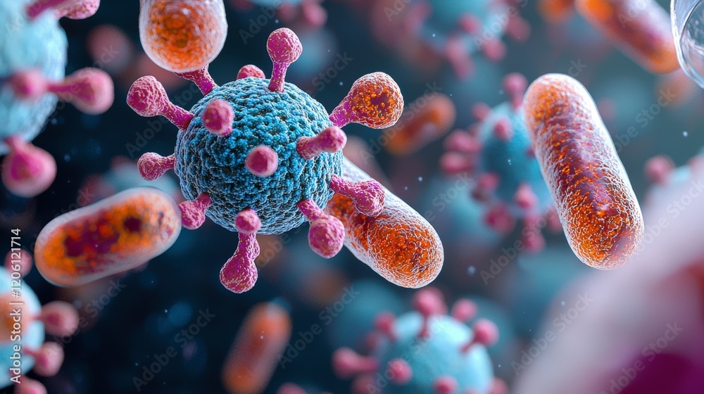 This captivating microscopic view features a battle of viruses and bacteria, emphasizing the complexity of these tiny organisms in a vivid and colorful manner. This captivating microscopic view features a battle of viruses and bacteria, emphasizing the complexity of these tiny organisms in a vivid and colorful manner.