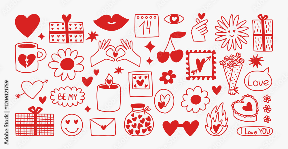 Valentine's Day hand drawn elements set. Template for a set of stickers, greeting cards, posters, planners. Vector collection of love symbols and quotes about love. Valentine's Day hand drawn elements set. Template for a set of stickers, greeting cards, posters, planners. Vector collection of love symbols and quotes about love.