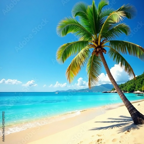 A serene tropical beach with a palm tree and clear blue waters under a bright sky.