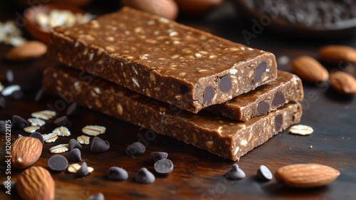 Healthy homemade protein bars with nuts and chocolate for nutritious snacking