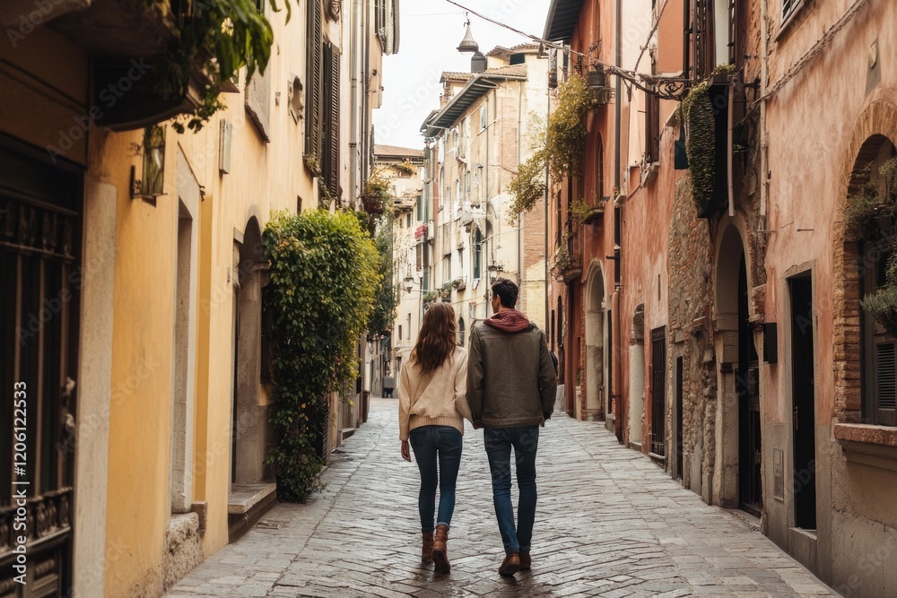 Young couple holding hands walking in picturesque verona street Young couple holding hands walking in picturesque verona street