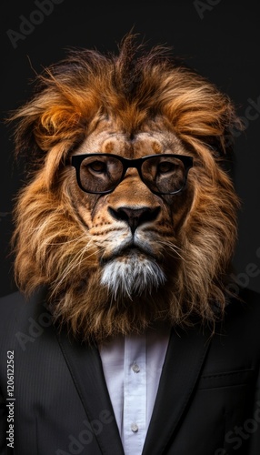 Portrait of a lion businessman wearing a suit and eyeglasses
