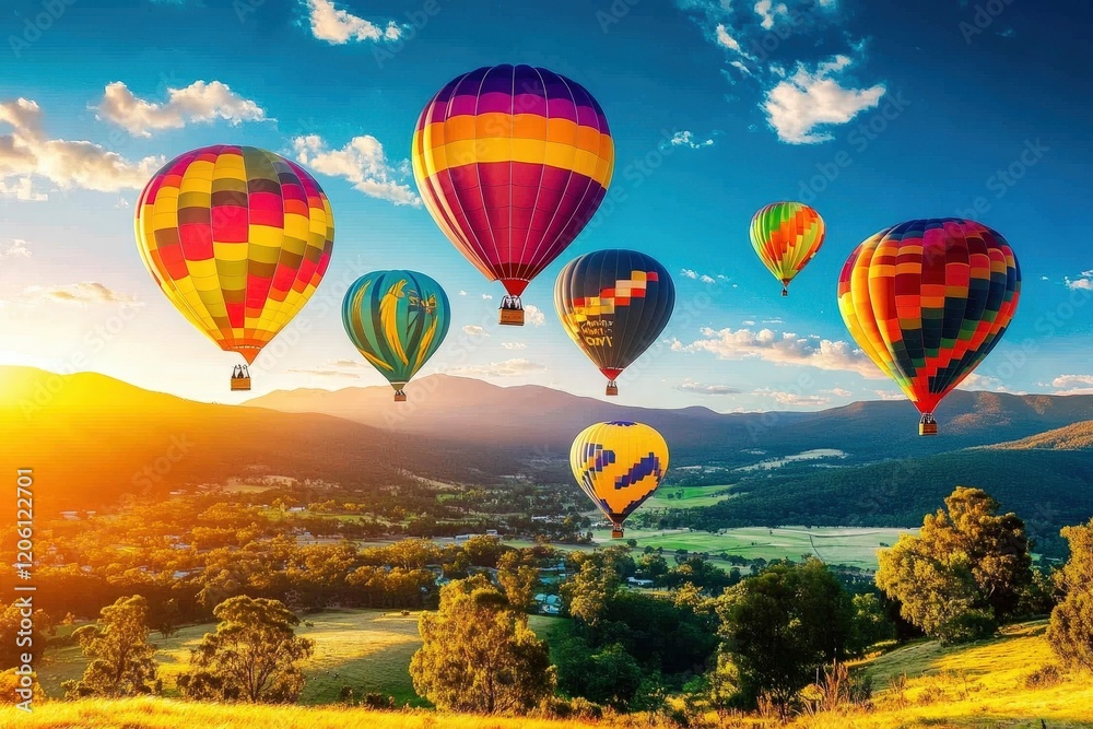 Fototapeta premium Join the excitement as colorful hot air balloons fill the horizon.