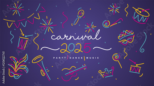 Carnival 2025 elements banner. Mask drums rattles guitar fanfare whistle crown tiara flags ribbons sparkle firework confetti isolated on purple background