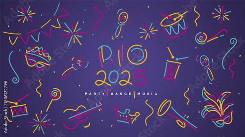 Rio Carnival 2025 party dance music elements banner. Mask drums rattles guitar fanfare whistle crown tiara flags ribbons sparkle firework confetti isolated on purple background
