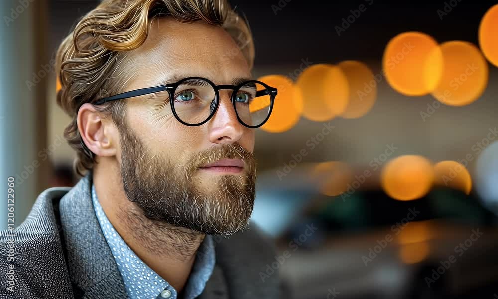 Thoughtful man in glasses gazing out window with warm bokeh lights in background, reflecting on life Thoughtful man in glasses gazing out window with warm bokeh lights in background, reflecting on life