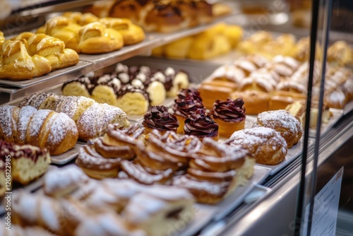 A gluten-free bakery display, in a stylish patisserie, showcasing a variety of delicious