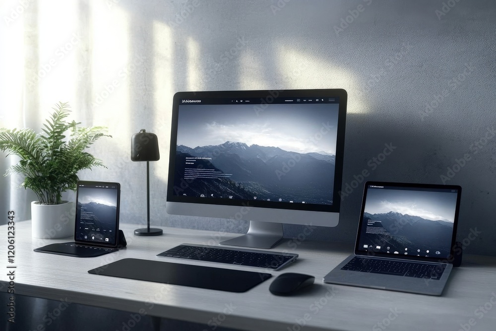 Fototapeta premium Demonstrating user experiences through multi-device website mockups.