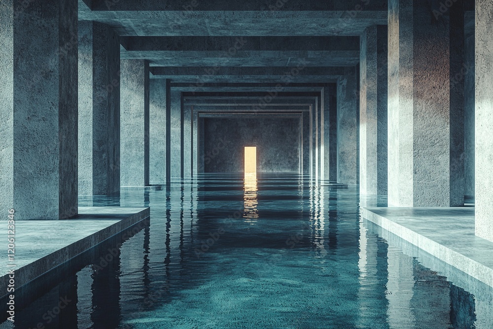 Fototapeta premium A serene, minimalist interior with water reflecting light through an open door.