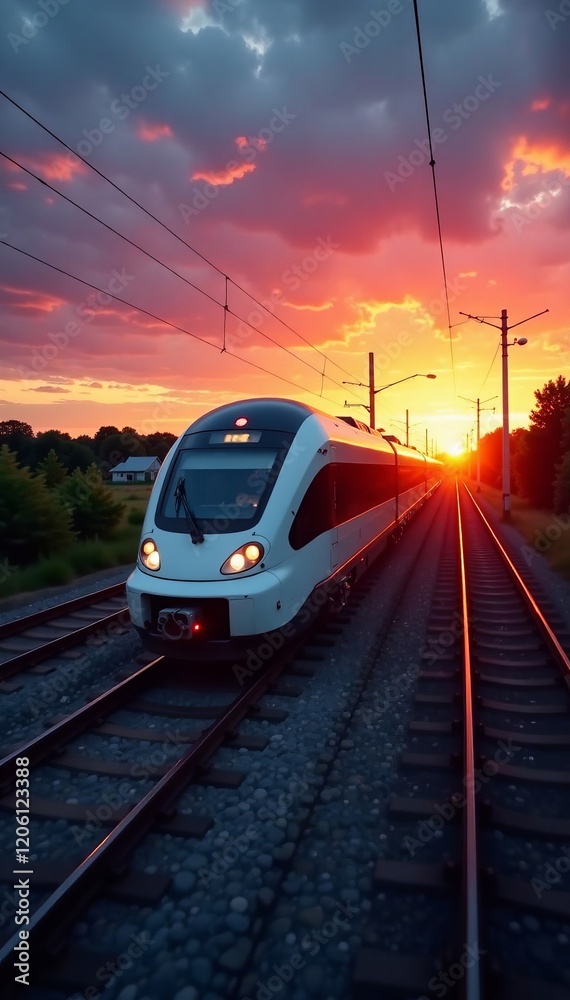 Naklejka premium A modern train travels along tracks at sunset, highlighting travel and technology.