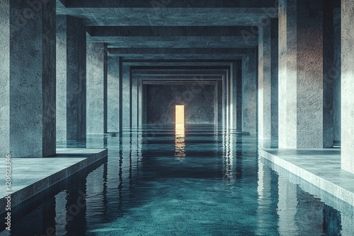 A serene  minimalist interior with water reflecting light through an open door.