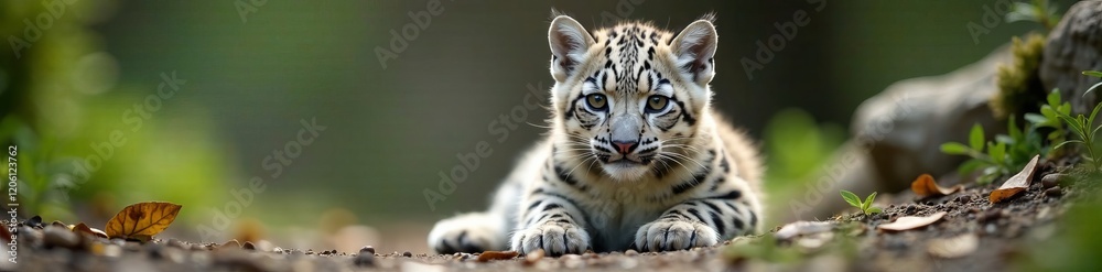 A close-up view of a cute snow leopard cub in a natural habitat, exploring its surroundings. A close-up view of a cute snow leopard cub in a natural habitat, exploring its surroundings.
