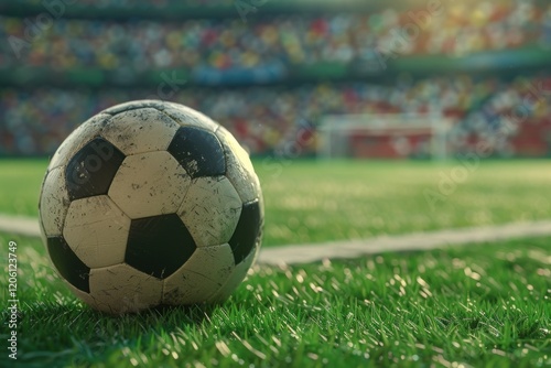 Close-up photo of a worn soccer ball on the penalty spot with a vibrant stadium background, capturing the tension before a crucial penalty kick photo