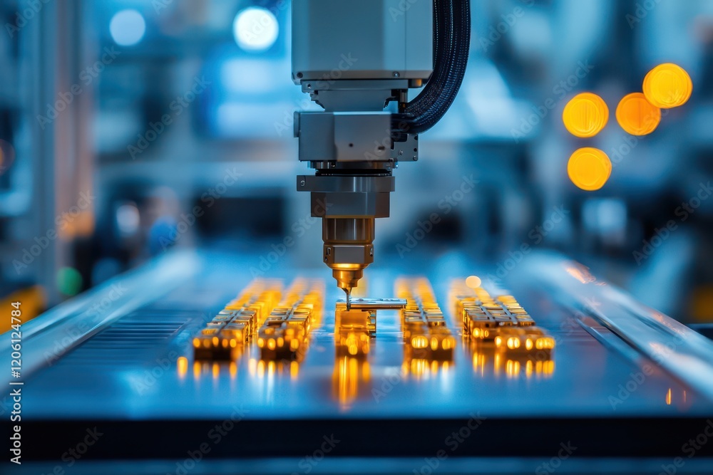 Close-up of an automated machine assembling intricate electronic components with extreme precision, set in a sterile, high-tech industrial environment. Close-up of an automated machine assembling intricate electronic components with extreme precision, set in a sterile, high-tech industrial environment.