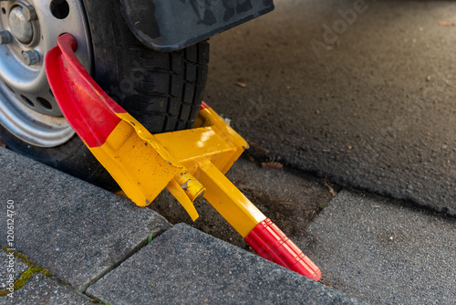 Fotografie Vehicle immobilized with a bright yellow and red wheel clamp on a city street in