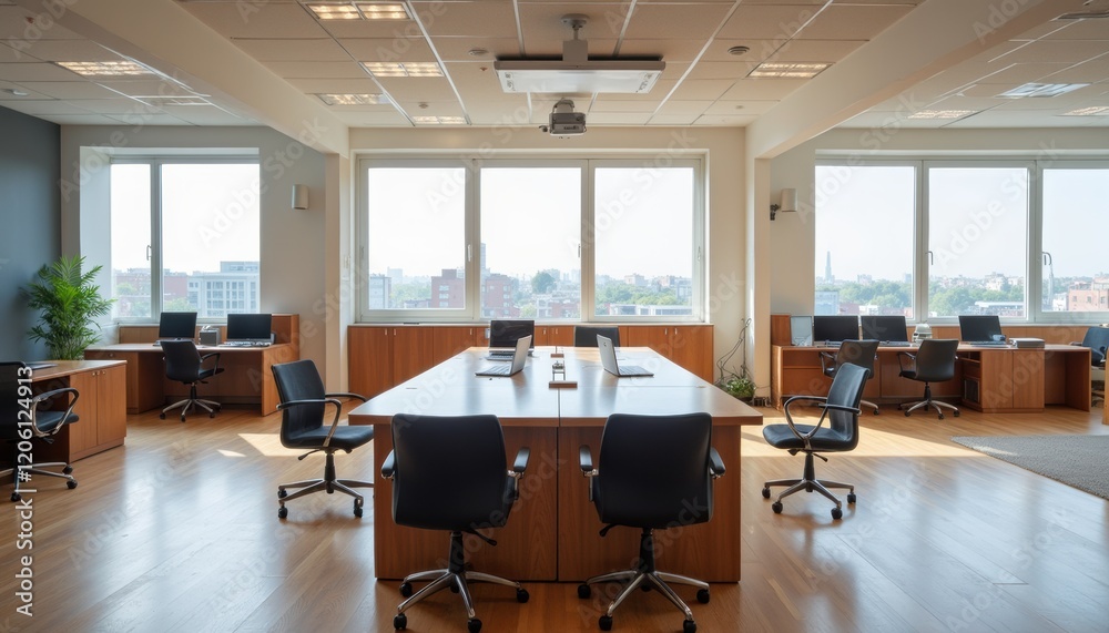 Spacious workshop room with a long wooden table, laptops, and empty chairs arranged for team discussions, clean and organized workspace Spacious workshop room with a long wooden table, laptops, and empty chairs arranged for team discussions, clean and organized workspace