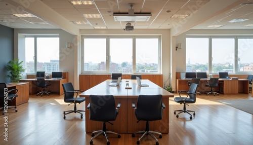 Spacious workshop room with a long wooden table  laptops  and empty chairs arranged for team discussions  clean and organized workspace