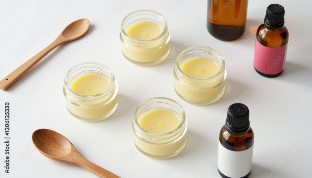 Minimalist workspace with small jars of organic lip balm, a wooden spoon, and essential oils placed next to them, natural skincare setup Minimalist workspace with small jars of organic lip balm, a wooden spoon, and essential oils placed next to them, natural skincare setup