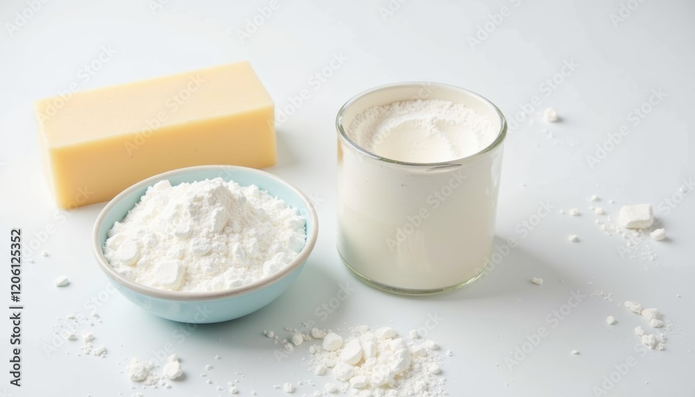 Small container of homemade laundry powder next to a natural soap bar, with a clean white surface and ingredients like borax and washing soda, eco-friendly cleaning Small container of homemade laundry powder next to a natural soap bar, with a clean white surface and ingredients like borax and washing soda, eco-friendly cleaning