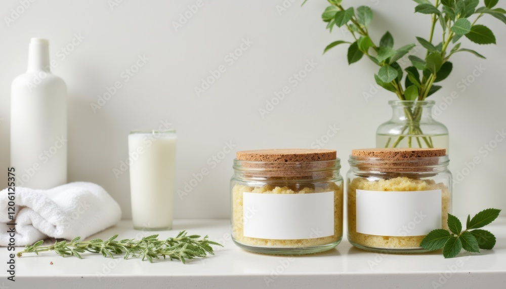 Minimalist bathroom shelf with small glass jars of natural body scrub, simple labels, and fresh herbs for decoration, eco-friendly skincare Minimalist bathroom shelf with small glass jars of natural body scrub, simple labels, and fresh herbs for decoration, eco-friendly skincare