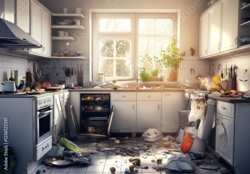 A chaotic kitchen environment shows a lack of organization and cleanliness. 