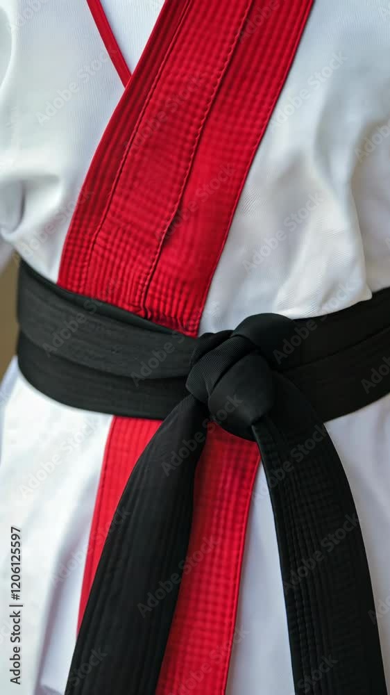 Martial artist wearing a black belt with a red stripe during training session in dojo