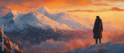 Woman dressed in winter attire gazing at majestic snowy mountains from a serene hill at sunrise  -