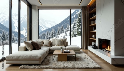 Cozy modern living room with mountain view  fireplace  sectional_