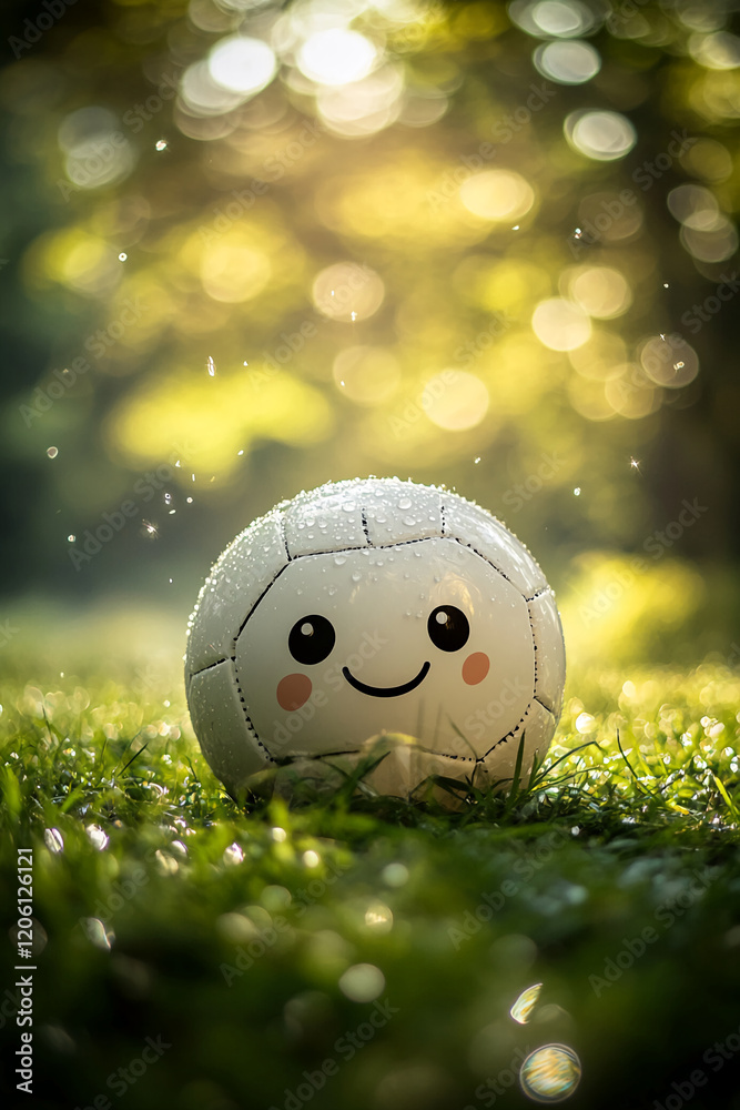 Fototapeta premium Happy cartoon soccer ball resting on wet grass in a sunny park during a bright afternoon