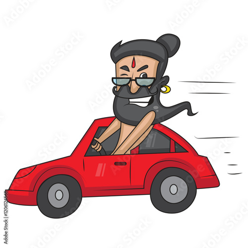 Vector cartoon illustration of data baba driving car. Isolated on white background.