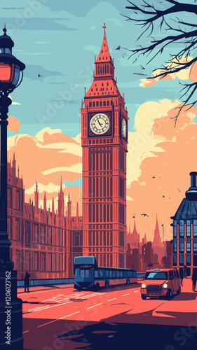 Big Ben London Minimalist Flat Vector Illustration with Cityscape Atmosphere