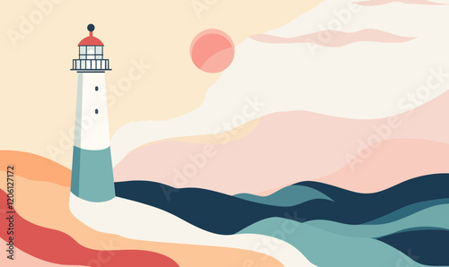 Abstract Nautical Lighthouse Poster with Ocean Waves and Sunset for Vector Designs
