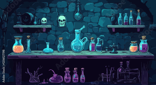 Enchanted Alchemist Workbench with Potions, Skulls, and Mystical Brews in Creepy Lab Setting