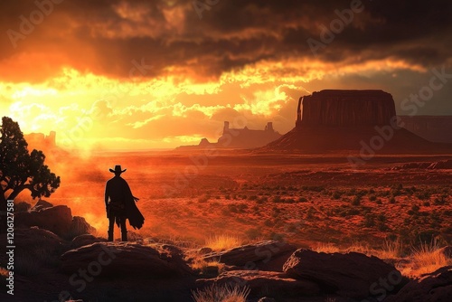 A solitary cowboy in a classic spaghetti western setting. 