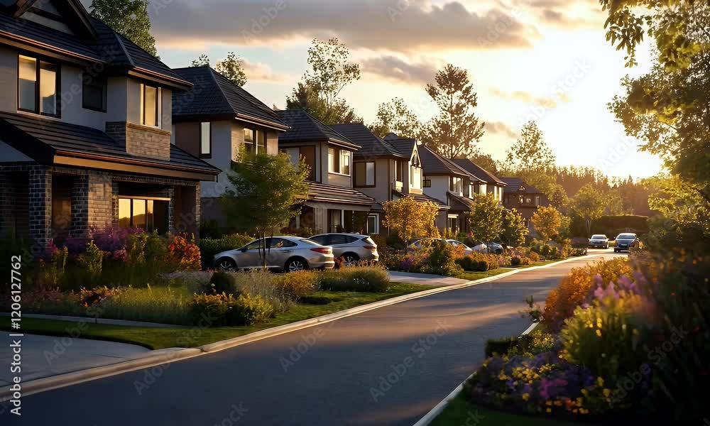 Serene suburban street at sunset with flowering gardens and parked cars, showcasing peaceful living Serene suburban street at sunset with flowering gardens and parked cars, showcasing peaceful living