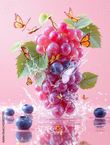 Surreal Macro Art: Grapes Transforming into Butterflies with Blueberries & Sparkling Droplets on Soft Pink Background – 8K Fantasy Aesthetic photo