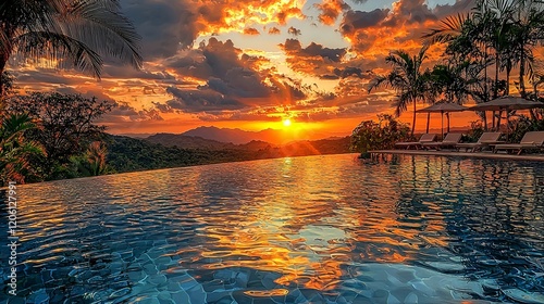 A stunning sunset view over an infinity pool, surrounded by lush greenery and mountains.