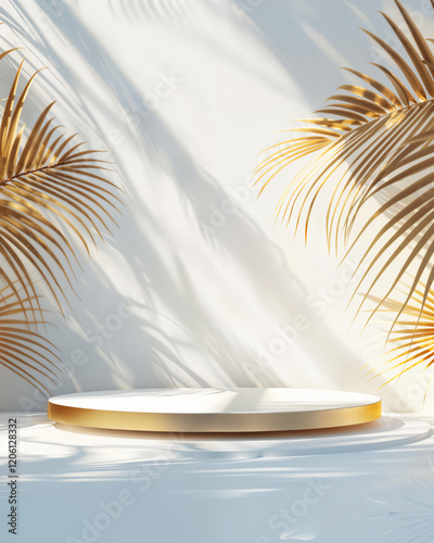 Modern showcase platform surrounded by golden palm leaves in bright daylight
