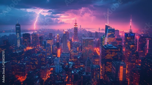 Wallpaper Mural A vibrant cityscape at dusk, illuminated by city lights and a lightning storm in the background. Torontodigital.ca