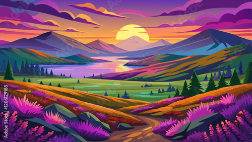 sunset over scottish highlands landscape with purple heather blooms green rolling hills lochs leading to distant mountains beauty